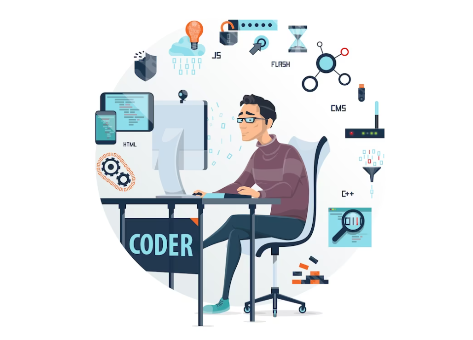 Colorful illustration of a coder surrounded by tech icons