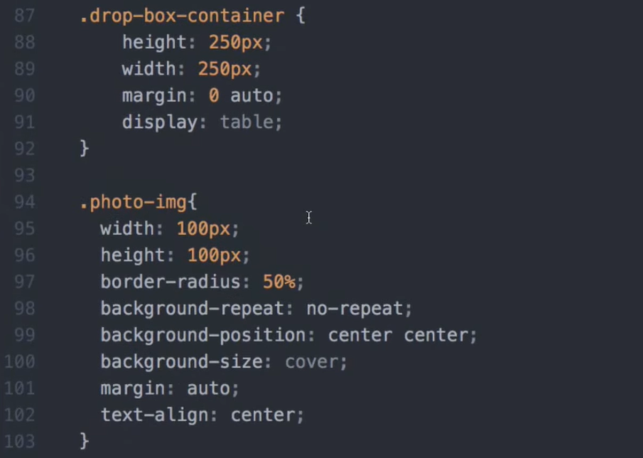 CSS code snippet defining style for a drop-box container and a round image