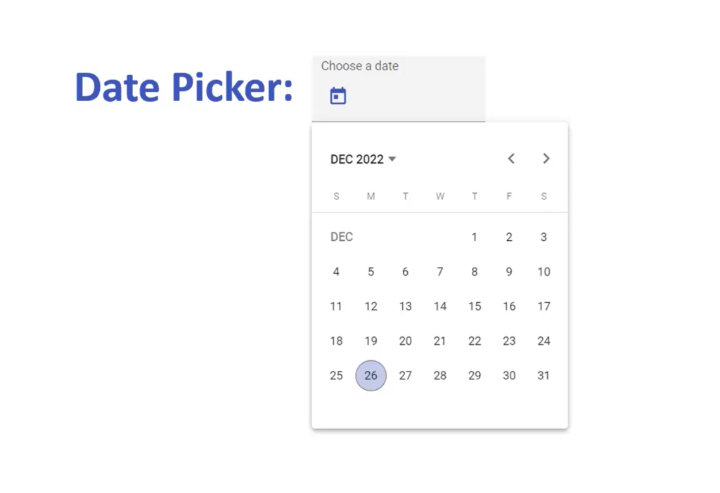 A date picker interface highlighting December 26th, 2022