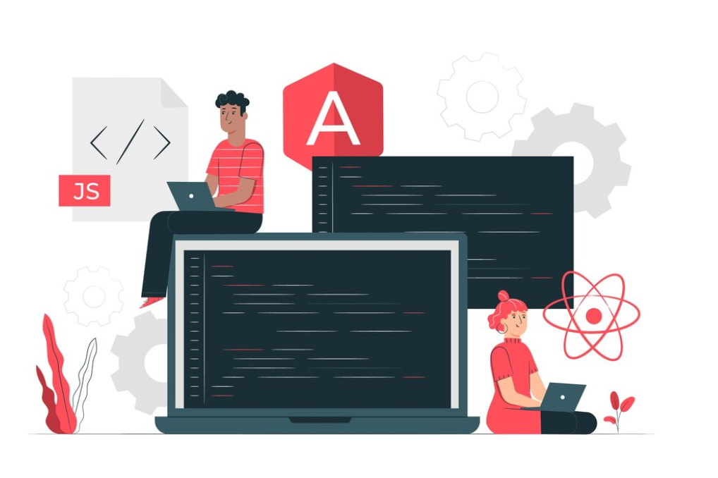 A man and a woman coding with Angular, JavaScript, and React icons