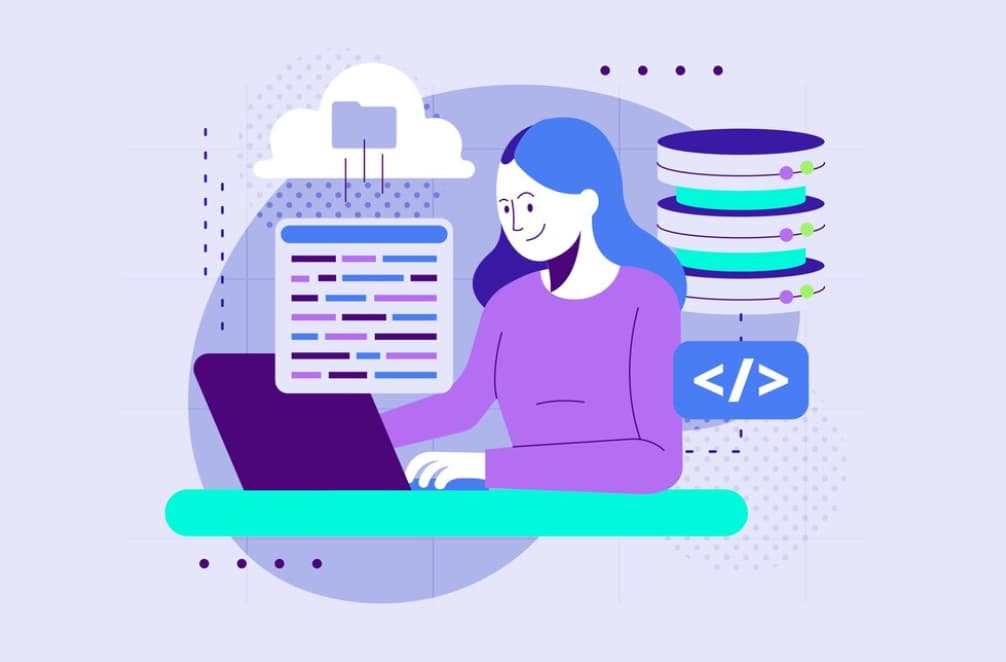 A stylized graphic of a woman coding on a laptop with cloud and data icons