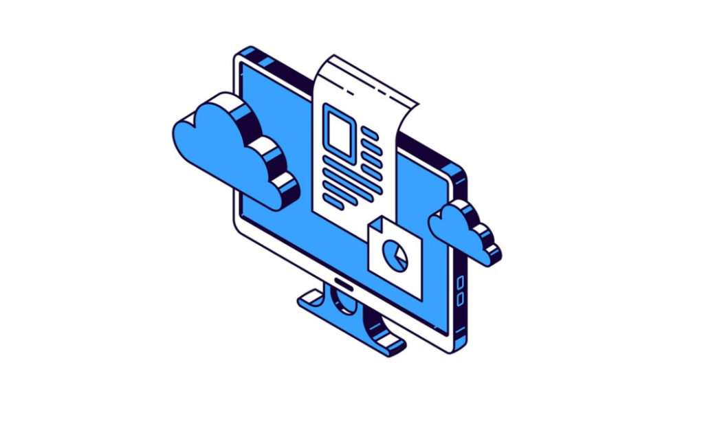 An isometric illustration of a smartphone with clouds and a report icon