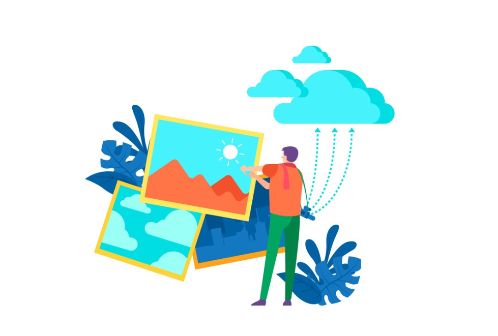 A person adjusting layered pictures under a rain cloud and sun illustration