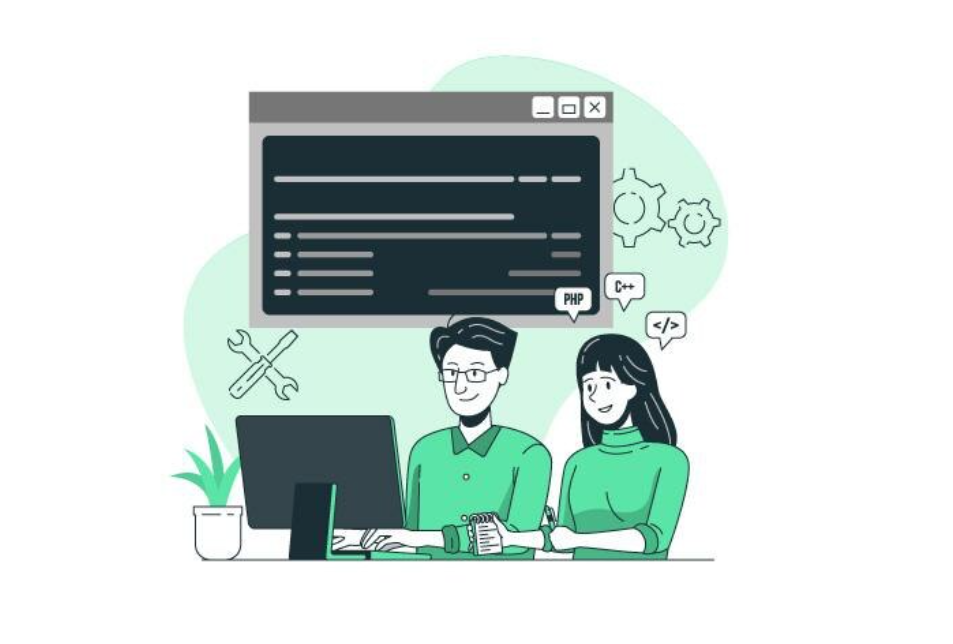 A duo in green, with one coding on a computer, in a minimalist design