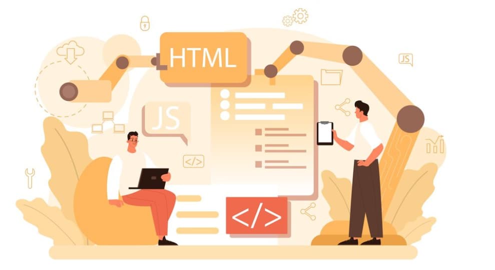 Illustration of two people discussing over a web development workflow with HTML and JS icons
