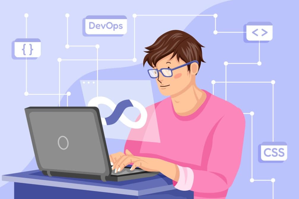 A person coding with DevOps and CSS icons around on a blue background