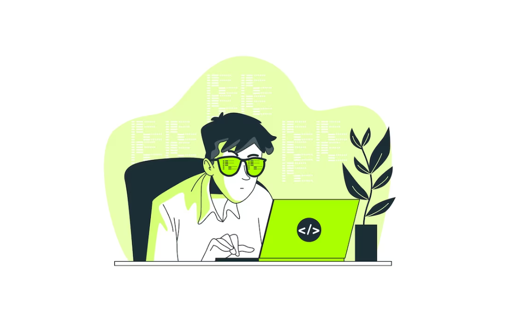 A programmer in glasses focuses on coding on a green laptop with code in the background