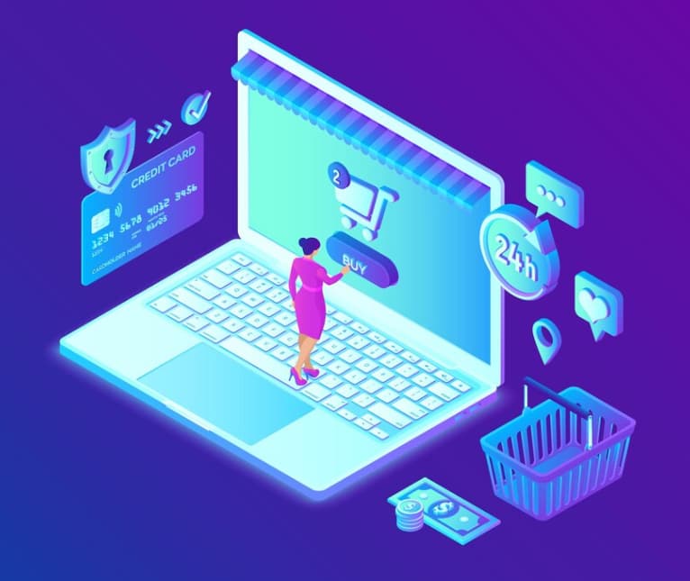 Isometric illustration of a person shopping on a giant laptop