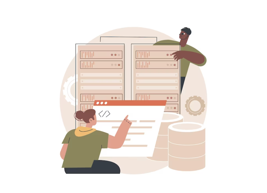 Individuals engaging with server racks, symbolizing data management