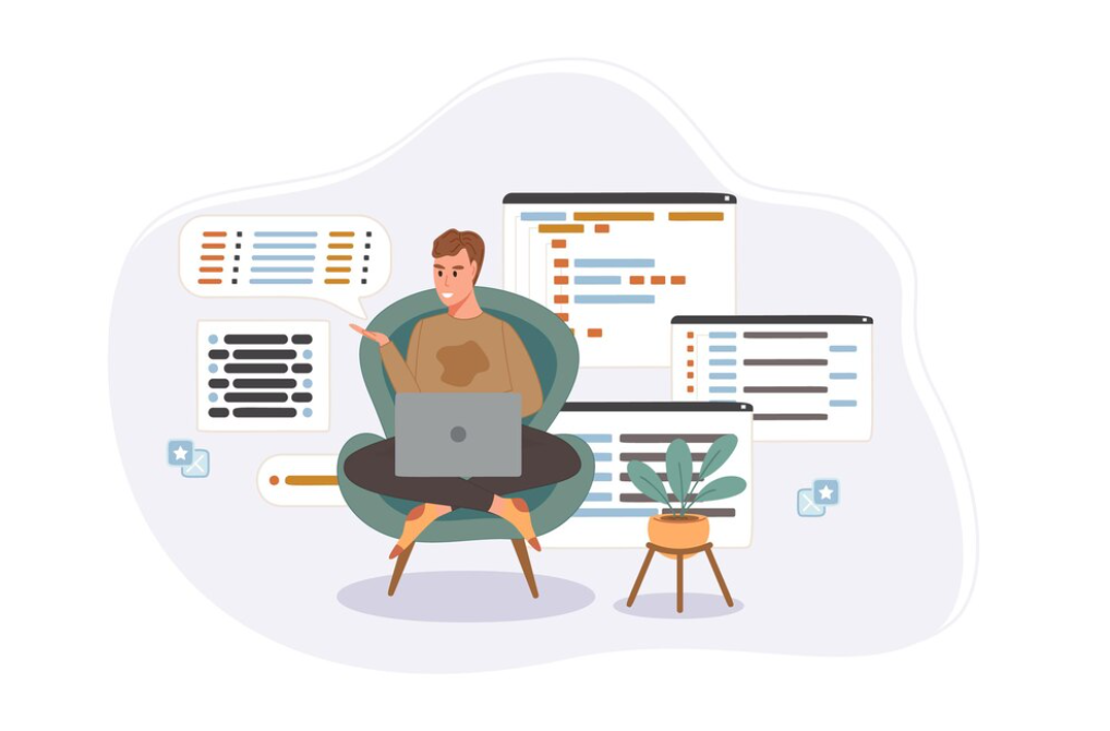 Illustration of a man using a laptop with programming windows open