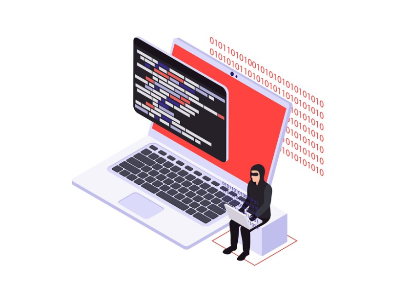 A hooded hacker typing on a laptop with binary code flowing out