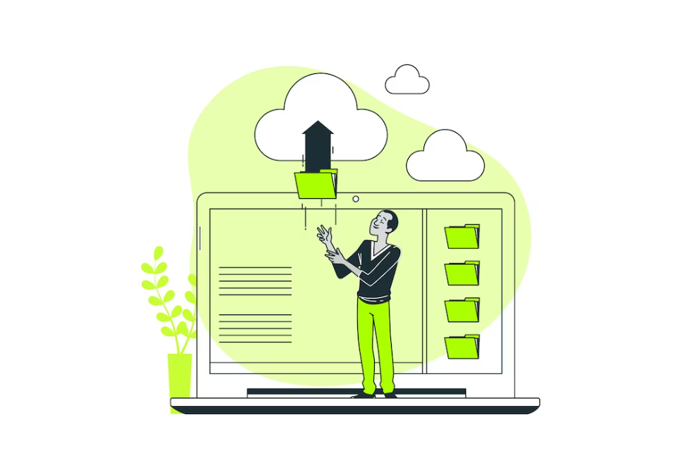 A person juggling tasks beside a cloud upload on a laptop screen