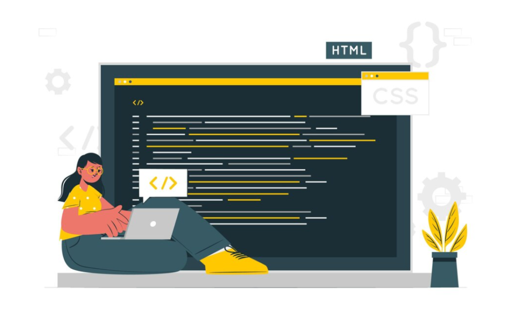 Illustration of a person programming with HTML and CSS graphics