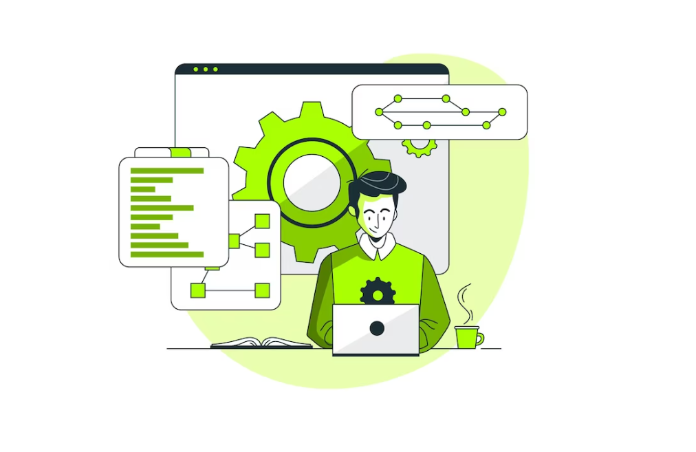 An illustrated man works on a laptop with gears and a clipboard with code in the background