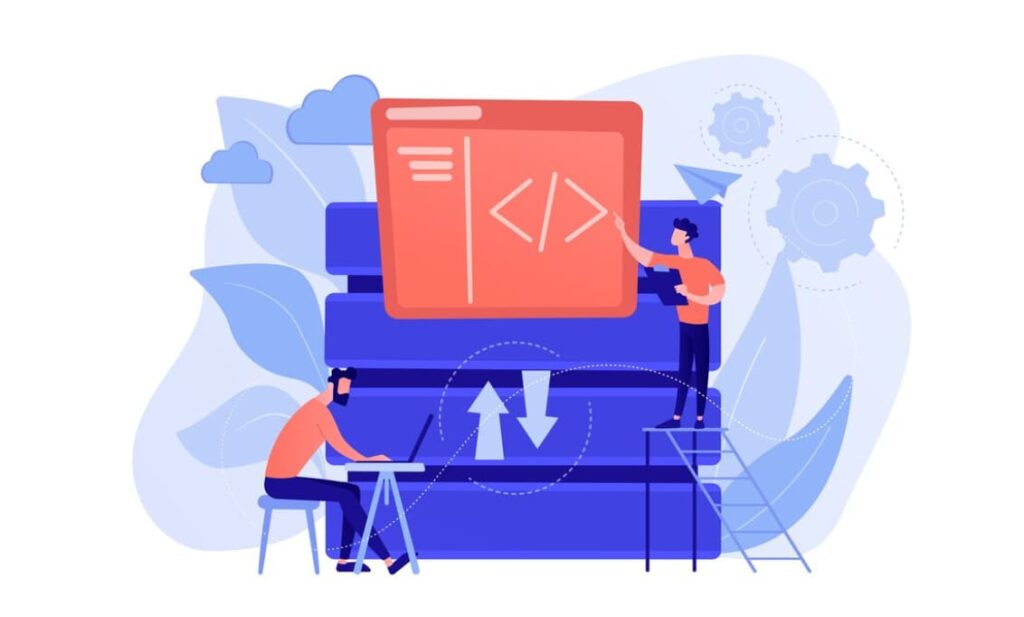 Two cartoon figures collaborating on code in a cloud-themed setting