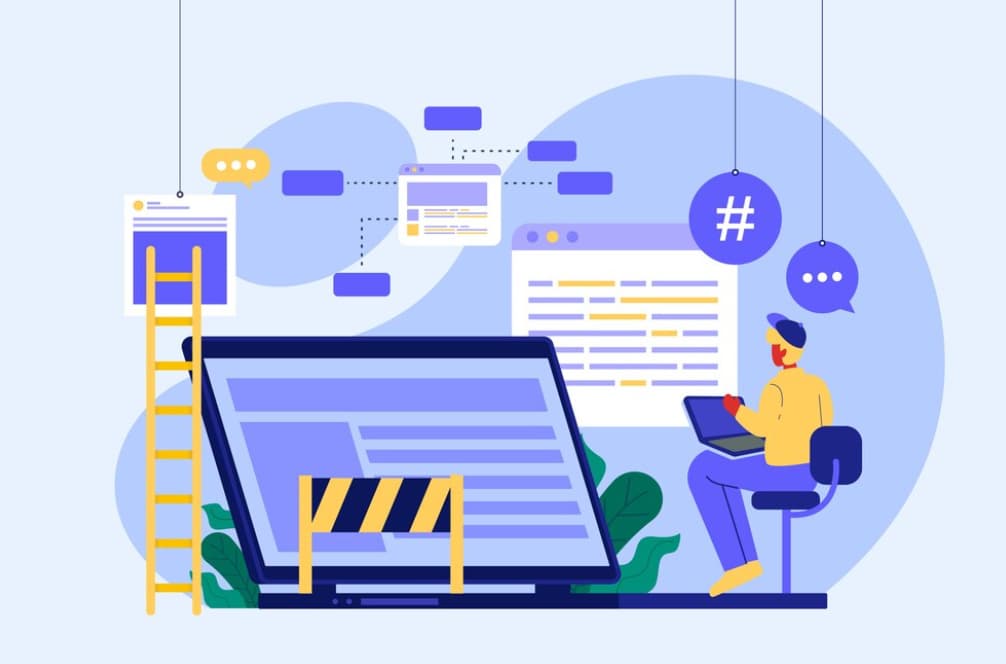 A cartoon of a person programming on a laptop with abstract communication icons