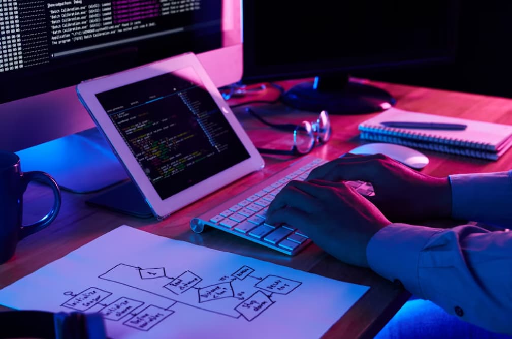 Hands typing on a keyboard with a flowchart and tablet displaying code in neon lighting