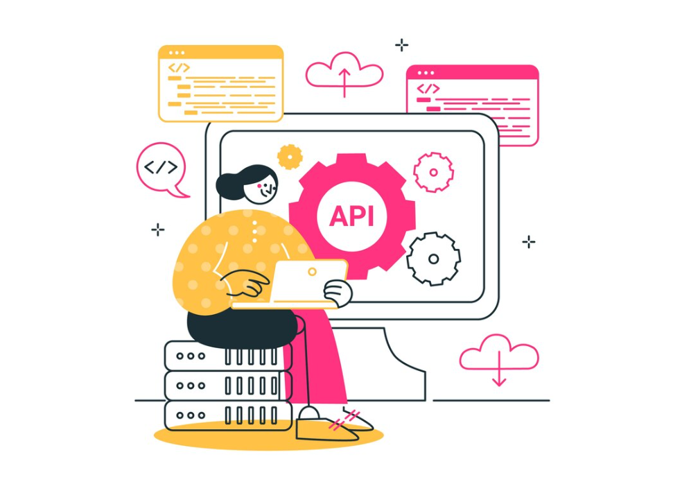 An illustrated woman interacts with API gears on a computer