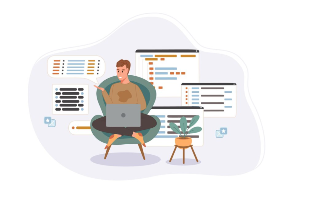 Seated man with a laptop, coding graphics floating around him