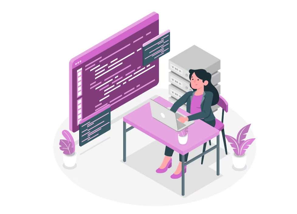 A woman codes at a desk with a large screen and server racks