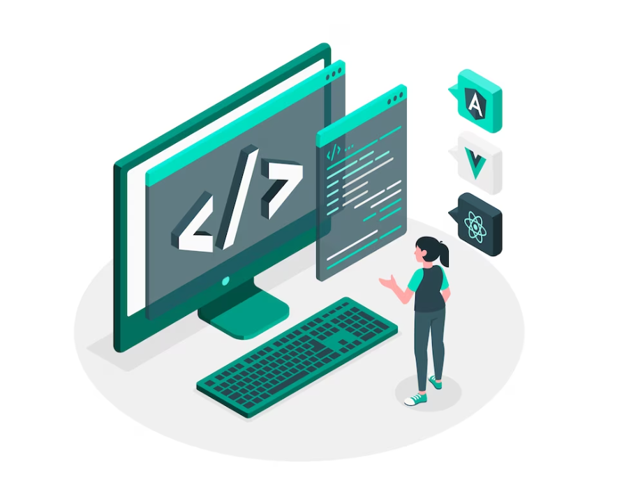 A developer gestures at floating icons around a large desktop monitor