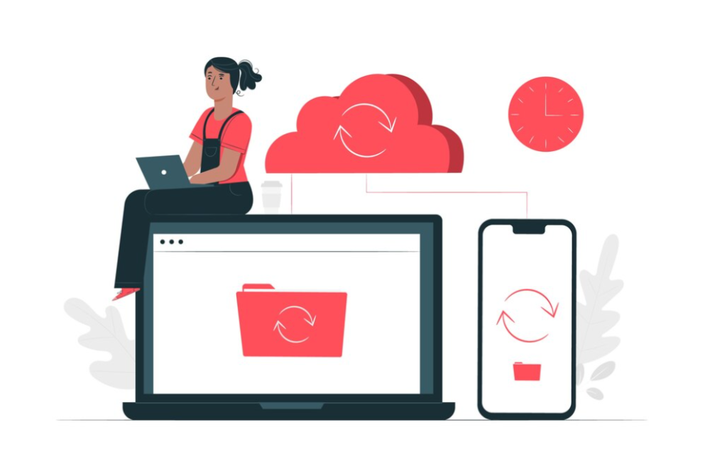 A woman with a laptop sitting on a browser window with cloud sync icons